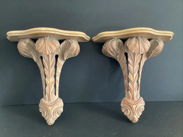 Pair FINE Antique Wood Carved Sconce Wall Shelf Brackets Prince Of Wales Plumes