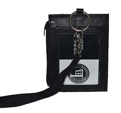 Leather ID Card Badge Holder Neck Pouch Ring Wallet With Strap New Black 2