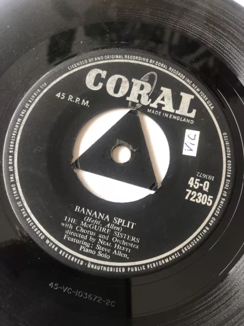 Vintage 1959 7" Einzelne 45 Rpm Schallplatte Die Mcguire Sisters Banana Split Q 72305