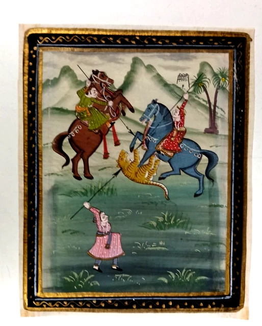 Peinture Sur Tissu Inspiration Moghole - Chasse Au Tigre à Cheval Et éléphant - Inde