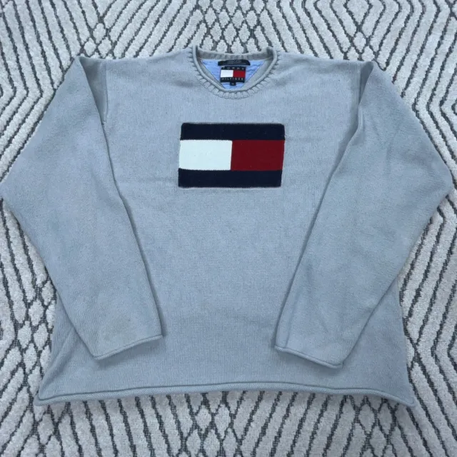 Vintage Tommy Hilfiger Sweater Men XL Gray Heavy Knit Flag Ribbed 90s Y2K 00s *
