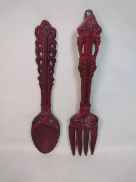 Rustic Cast Iron Red Spoon And Fork Set Country Farmhouse Wall Decor 11 Inch