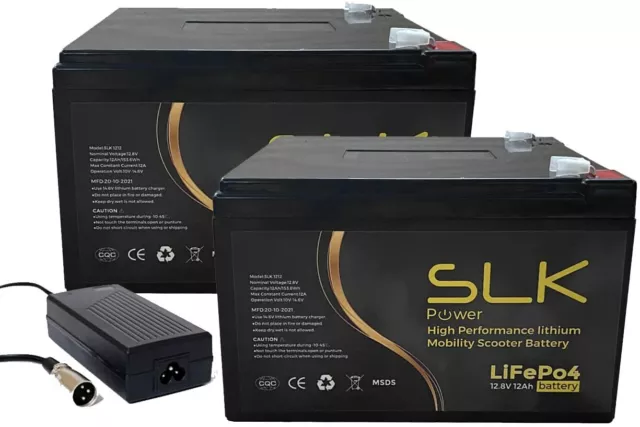 2 x 12v 12AH LITHIUM MOBILITY SCOOTER BATTERIES - SLK SUPERIOR BATTERIES