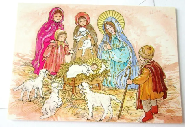 Vintage Christmas Card Nativity Shepherd Boy Lambs Christ Child Mother Mary Girl