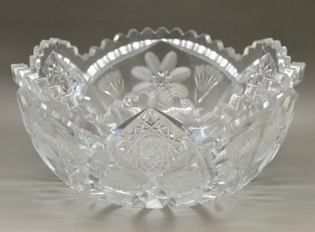 American Brilliant Cut Glass Crystal Bowl Sawtooth Rim Daisy Flower Pattern 8"