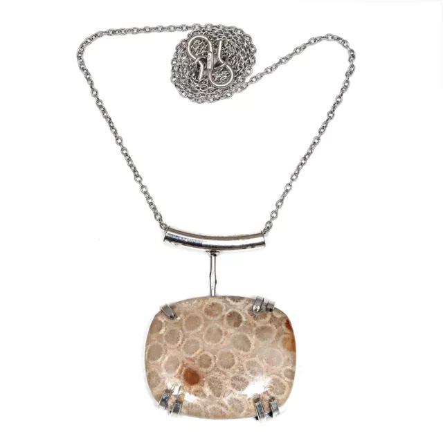 Necklace Fossil Coral Gemstone Silver Jewelry 925 Handmade Pendant 20" Natural