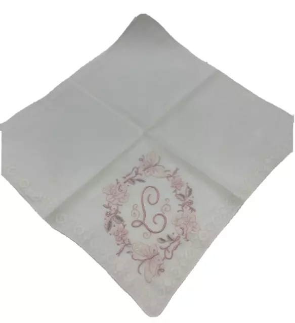 Madeira Monogram L Wedding Heirloom Handkerchief Pink Thread Vintage Lovely 2