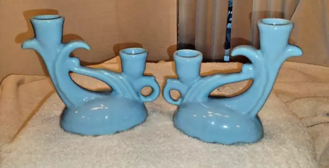 #2 MCM Vintage Camark USA 269 Pottery Double Candle Holder Art Deco Floral Blue