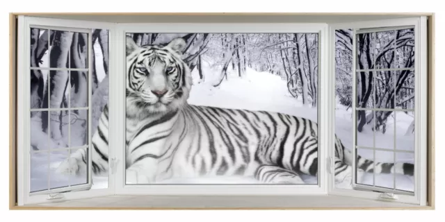 White Snow Tiger in Woods 3D Effect Bay Window Canvas Picture Wall Art Prints