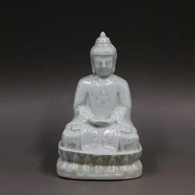 Chinese Song Hutian Kiln Celadon Glaze Porcelain Figurine Buddha Statue 5.5 inch