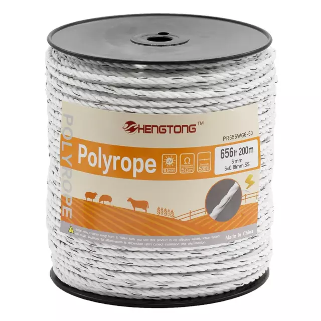 HENGTONG Electric Fence Poly Rope 656ft (200m), 1/4 inch (6mm) Upgraded...