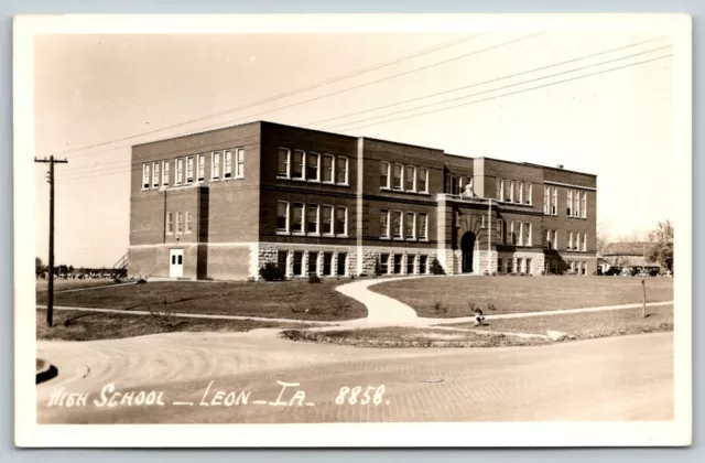 Leon IA~New High School~1930s Cars in Parking Lot~No Trees~Fire Hydrant RPPC