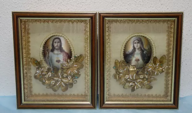 Volkskunst Filigrane Klosterarbeit; Kastenbilder - Herz Jesu und Herz Maria