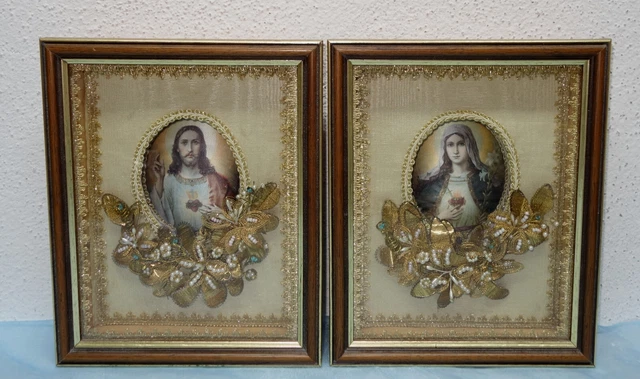 Volkskunst Filigrane Klosterarbeit; Kastenbilder - Herz Jesu und Herz Maria