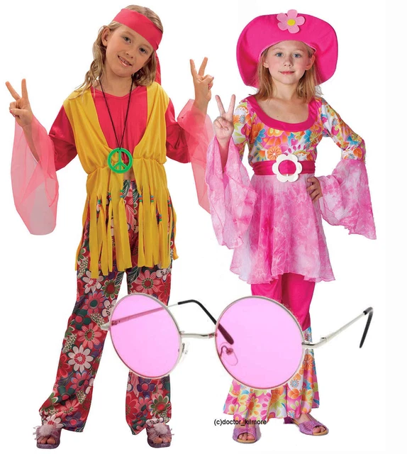 Hippy Hippie Girl Kids 60s 70s Fancy Dress Costume Outfit Groovy Pink Shades