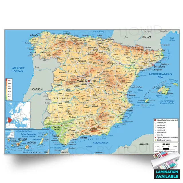 Map Of Spain And Portugal Towns And Cities Educational Poster A5 A4 A3 A2 A1