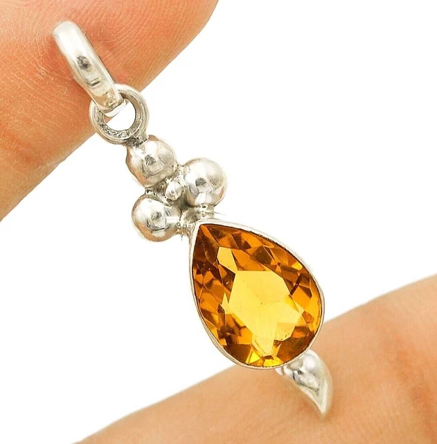 Natural 3CT Golden Citrine 925 Sterling Silver Pendant Jewelry 1 2/3" Long K9-3