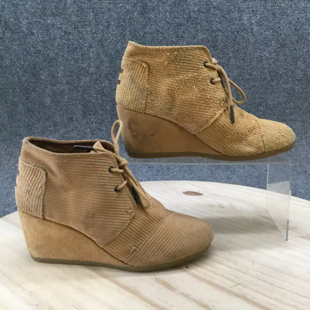 Toms Boots Womens 7 Ankle Booties Beige Suede Lace Up Wedge Heels Casual