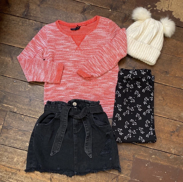 Pacchetto bambina età 7-8 anni gonna in denim Zara cappello berretto River Island maglione successivo