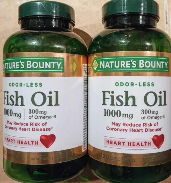 2 NATURES BOUNTY FISH OIL 1000mg 300mg OMEGA-3 SUPPLEMENT 220 X2 440 COATED GEL