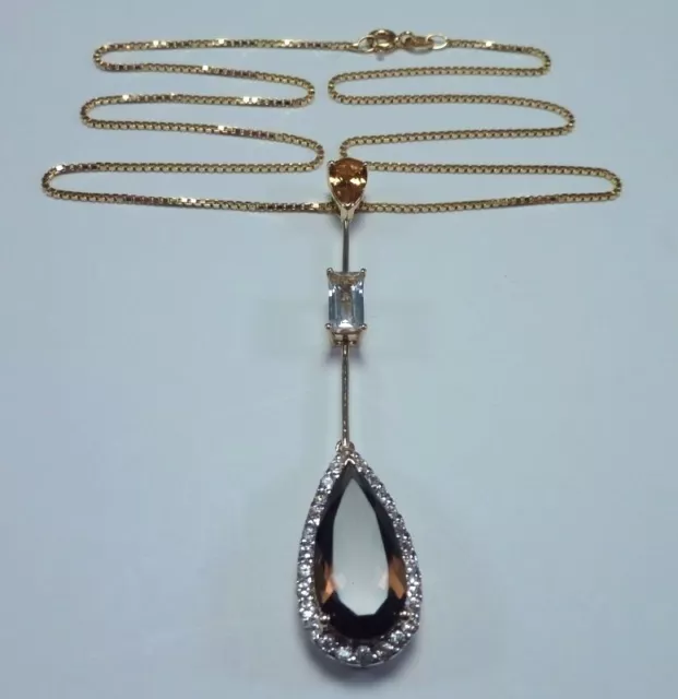 14K Yellow Gold Citrine, Topaz, Smokey Quartz & Sapphire Pendant w/ 18" Chain*