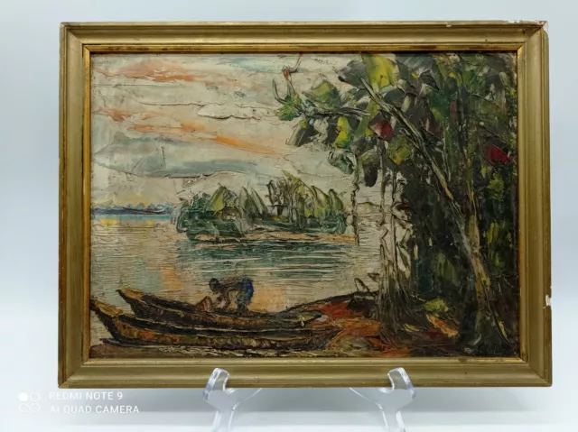 Tableau HSP Afrique Art Africain Malgache Madagascar ? Scène Lacustre Pirogue