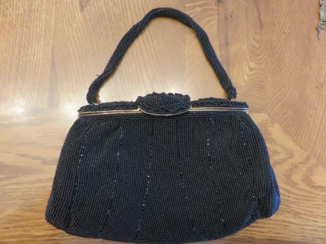 Vintage Black Glass Beaded Evening Bag Purse With Mirror On Clasp Rare Japan