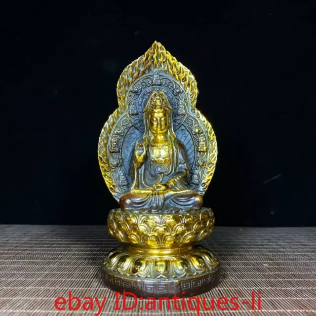 7.2"Chinese Antique Collection Pure Copper Gilt Buddhist Goddess of Mercy Statue