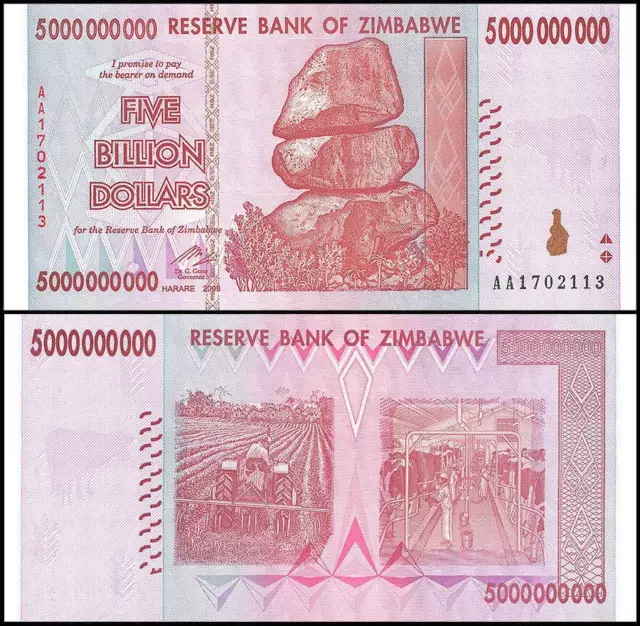 5 Billion Dollar Zimbabwe Circulated Banknote (F, VF, XF) Used Note