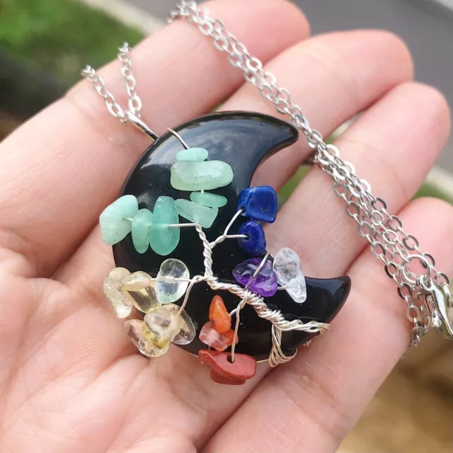 Black Onyx Gem Stone Tree Of Life Moon Necklace Chakra Reiki Healing Amulet
