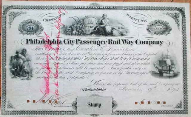 Trolley/Tram 1875 Stock Certificate: Philadelphia City Passenger Rail Way Co.-PA