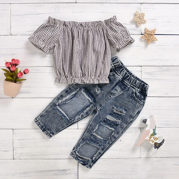 Completo Bimba bambina Maglia t shirt grigio pantaloni lunghi denim jeans   B060