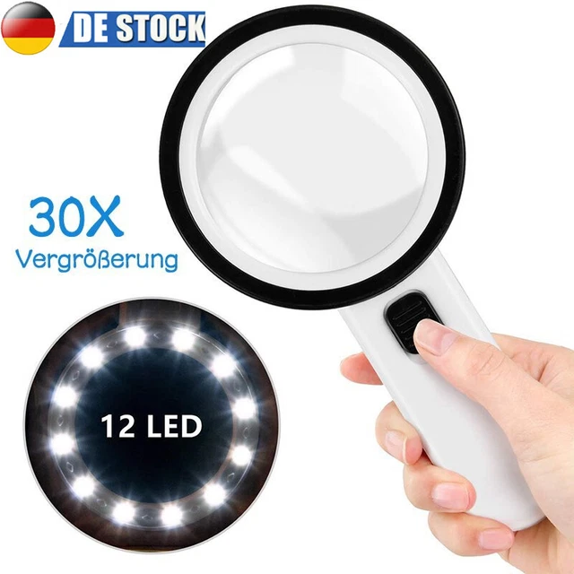 30X Große LED Handlupe mit Licht 30x Fach Vergrößerung Beleuchtete Leselupe