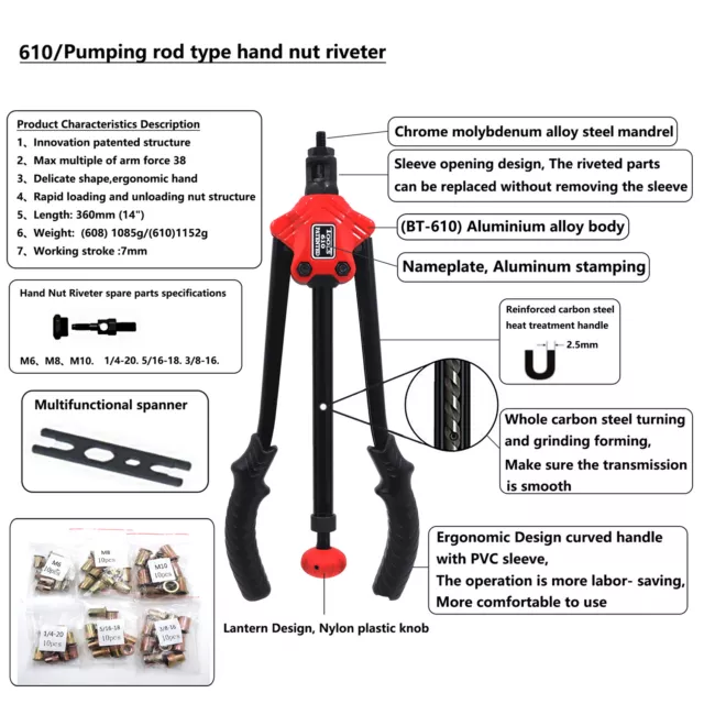 Pumping Rod Type Hand Nut Riveter 360mm 14" Rivet Nut Gun Kit Rivnut Setting Too
