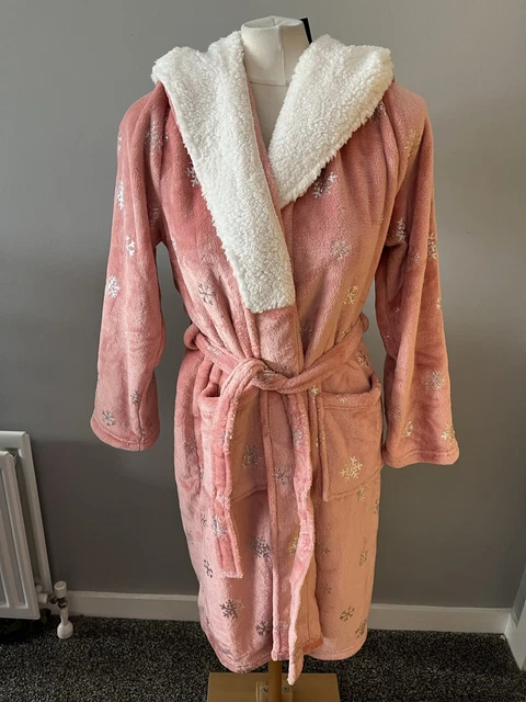 Accappatoio da donna rosa argento fiocco di neve con cappuccio orsacchiotto in pile morbido taglia M molto