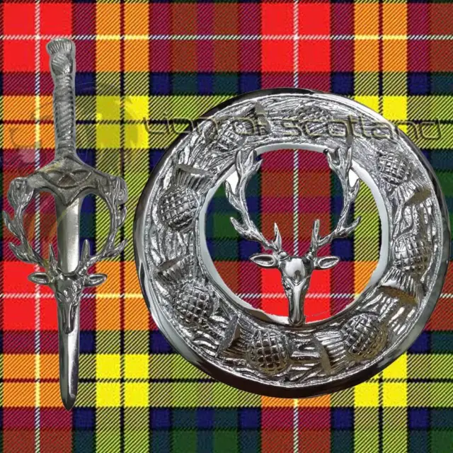Scottish Kilt Fly Plaid Brooch Pin Stag Head 3" Chrome Highland Celtic Pins 4"
