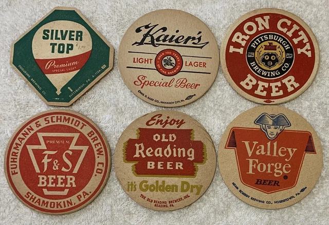 6 Older Beer Coasters -Iron City Silvertop F&S Duquesne Old Reading Valley Forge