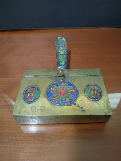 Antique Chinese Cloisonne Silent Butler / Crumb Catcher Enamel & Brass China