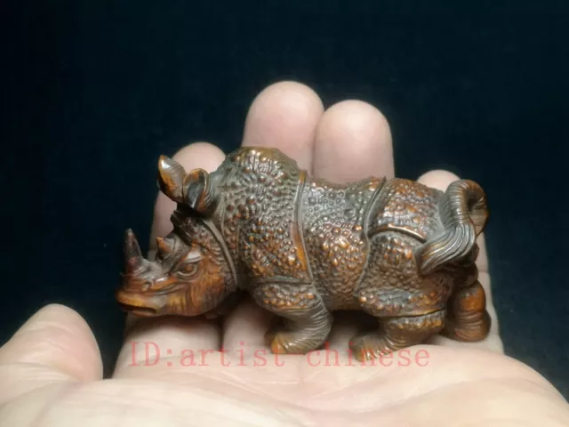 Chinese boxwood hand carved rhinoceros Figure statue netsuke collectable gift