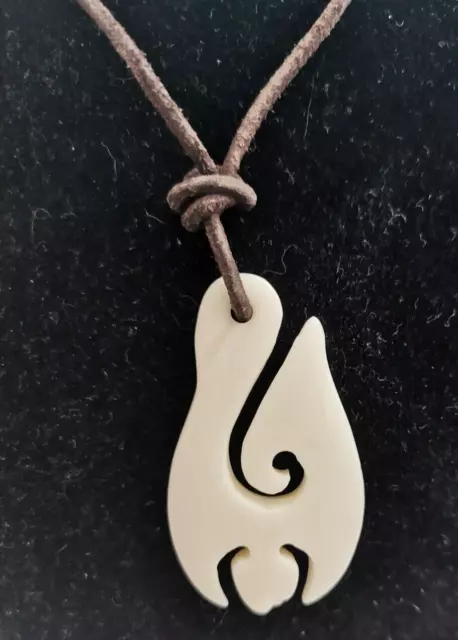 Hand Carved Maori Hei Matau Double Koru Pendant Necklace