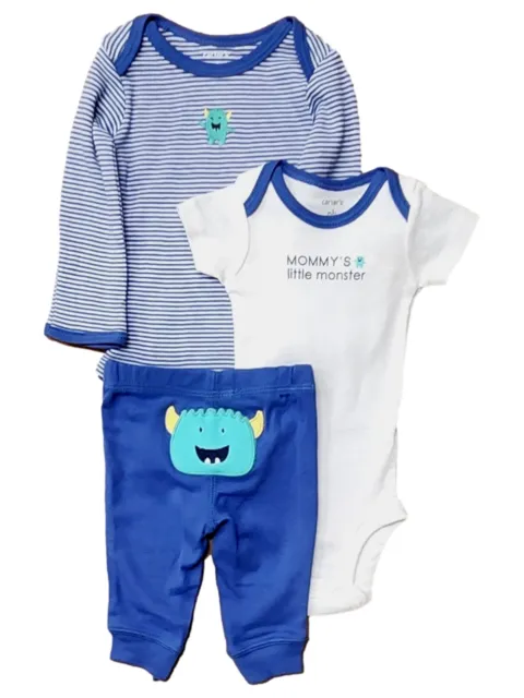 Carters Infant Boys 3pc Blue Mommy's Little Monster Outfit Bodysuit Set Newborn