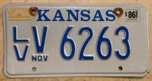 1986 Kansas Auto License Plate " Lvv 6263 " Ks