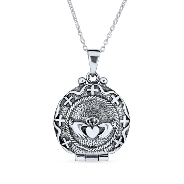 Green Shamrock Clover Celtic Photo Round Claddagh Locket .925 Silver