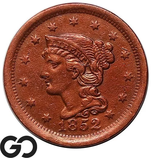1852 Large Cent, Braided Hair