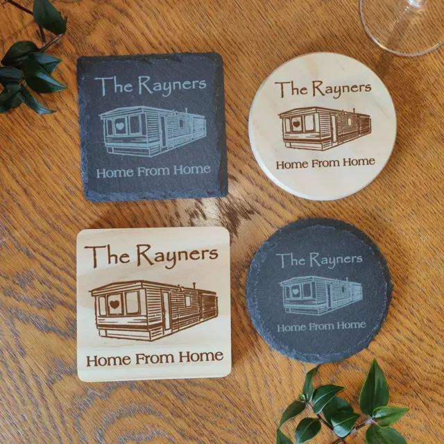 Personalised Static Caravan Gift Drink Coaster Laser Engraved Wood or Slate