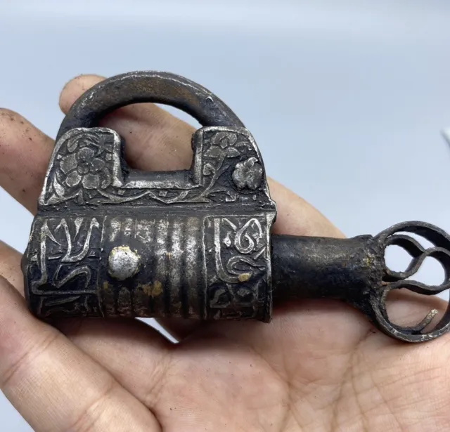 Ancient Old Islamic antiquated Solid Iron Pad lock With Islamic Engraving