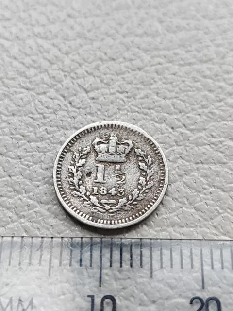 An 1843 Queen Victoria Silver 1 1/2 One And A Half Pence Coin Slightly Bent