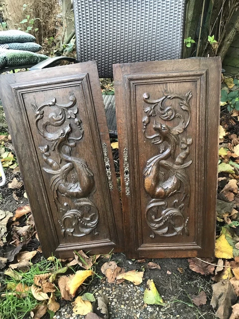 French Antique Carved Panel Door Solid Walnut Wood Urn Sea Creatures 19" x 26” 3