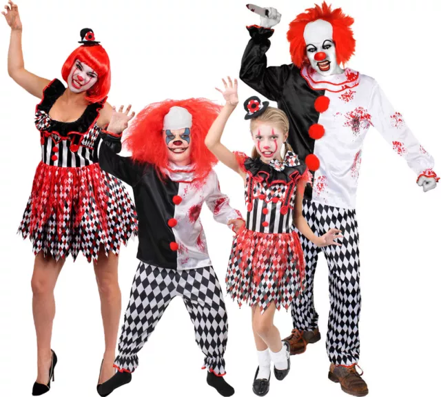 Costume Clown Killer Adulti Bambini Halloween Fantasia Abito Famiglia Aggiungi Accessori