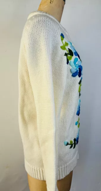 VINTAGE 50S-60'S SEARS White&Blue Stitched Floral Cardigan Sweater*S/M ...